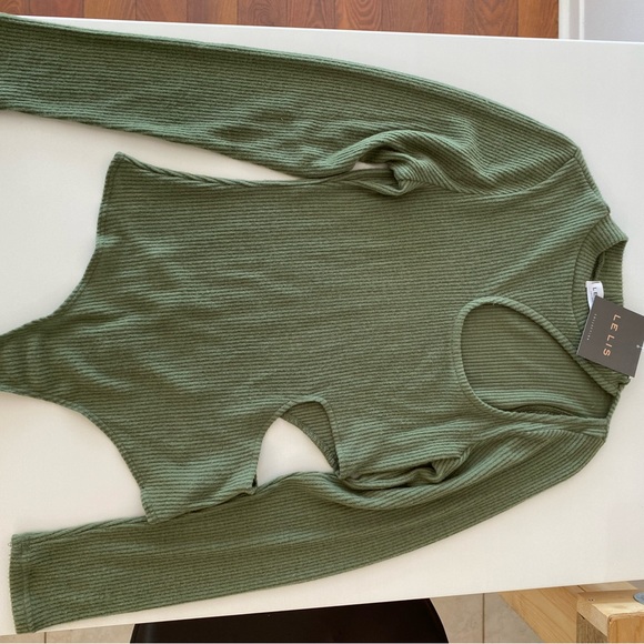 NWT Le Lis Cute Olive Ribbed Mock Neck cut out long sleeve stretchy bodysuit Y2K - Picture 9 of 10